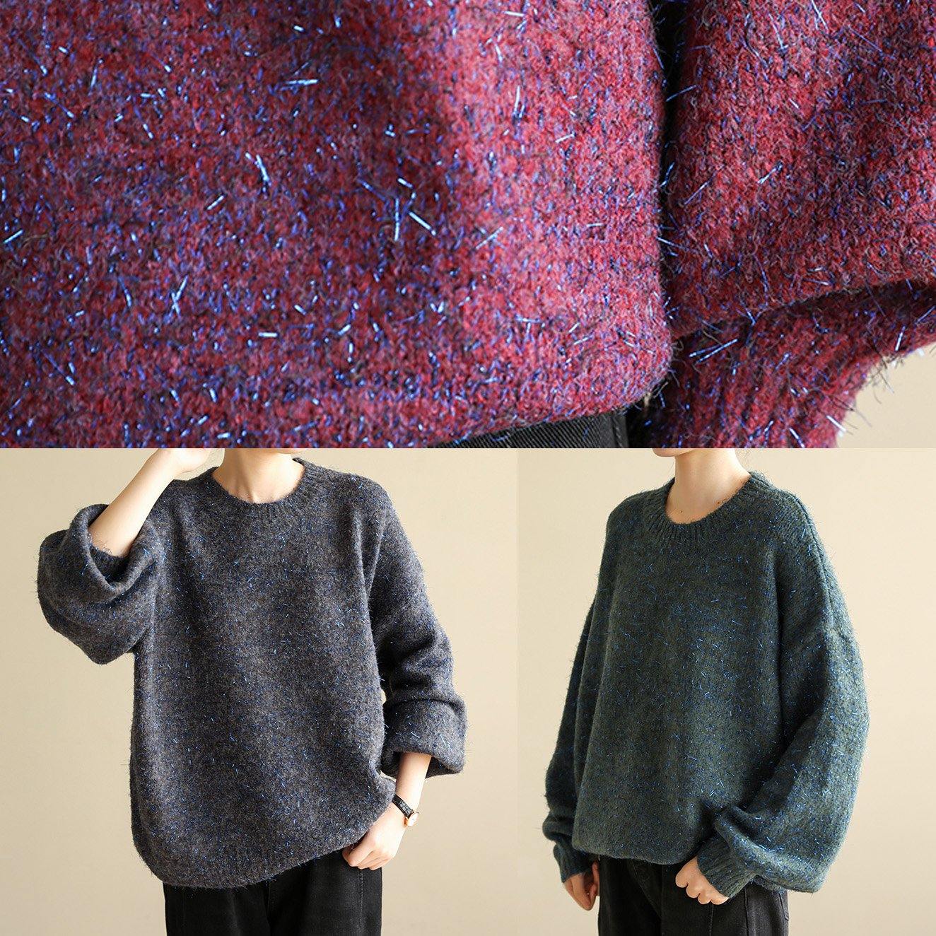 Dark Black Gray Knit Tops Long Sleeve O Neck Knitwear