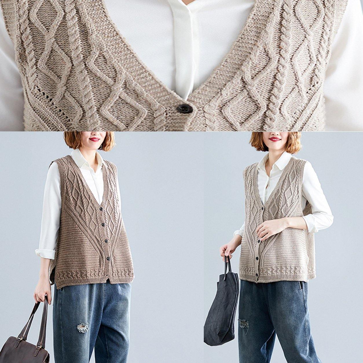 Fall Light Khaki Knit Tops Oversize Sleeveless Clothes for