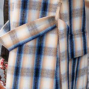 Navy Plaid Long Coat Notched Tie Waist Coats Pockets Sleeveless Long Jackets