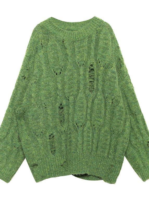 Winter Green Sweaters O Neck Patchwork Hole Knit Blouse