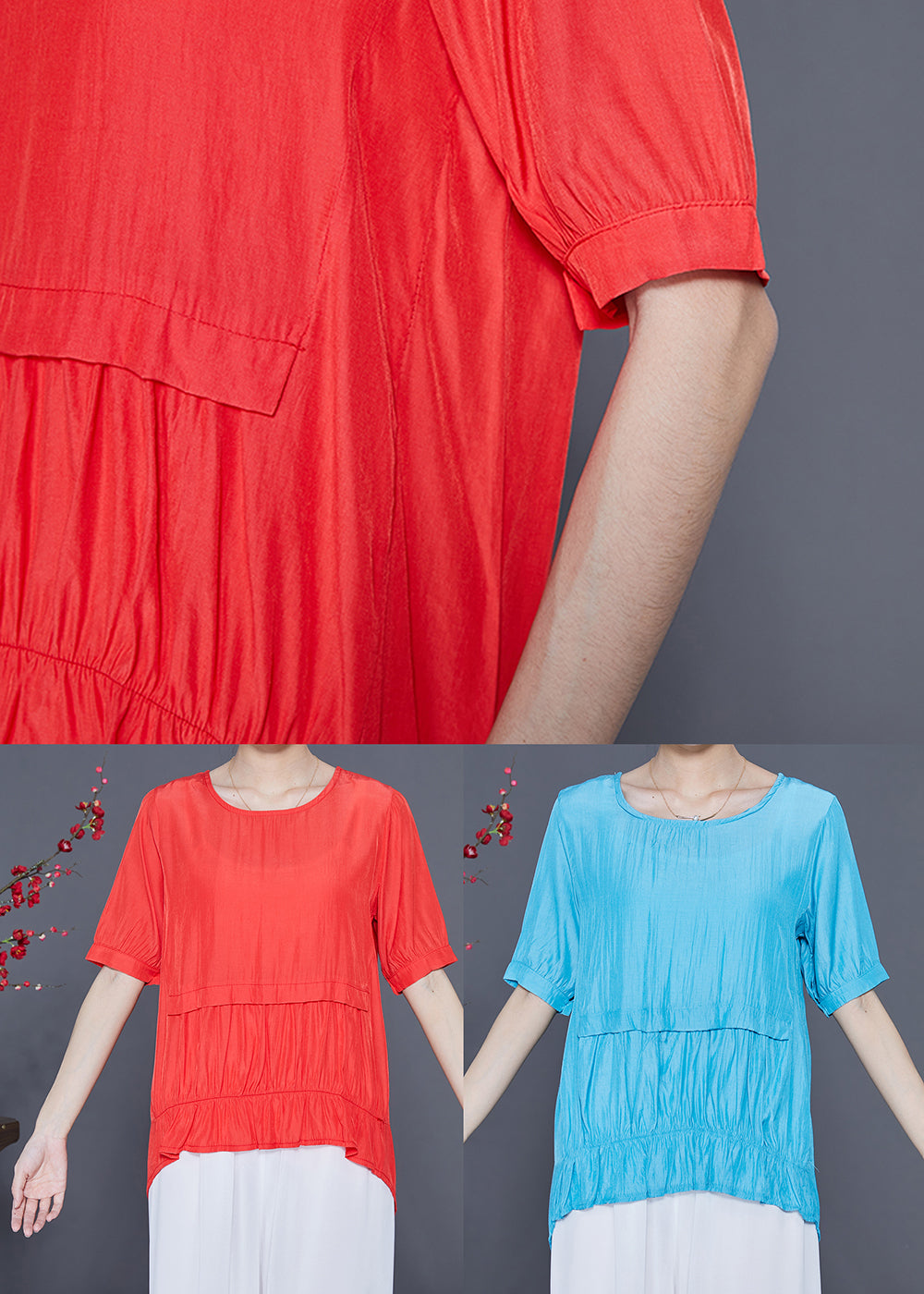 Fine Blue O-neck Patchwork Silk Shirt Tops Summer