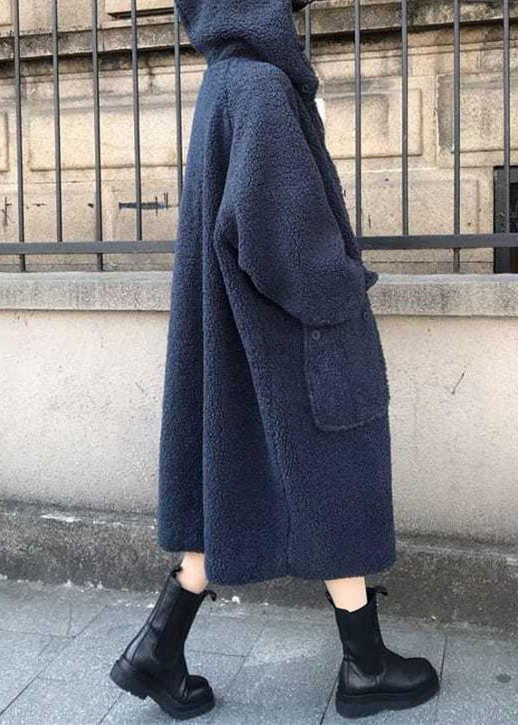 Fine Blue Hooded Loose Winter Long Sleeve Trench Coats