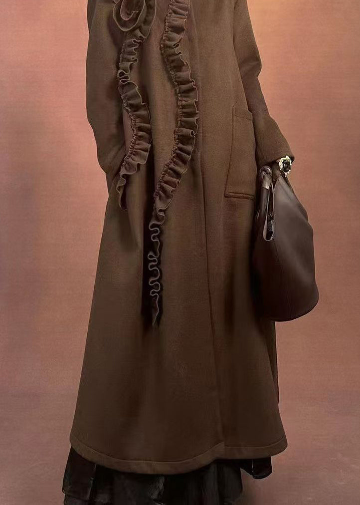 Fine Coffee O-neck Ruffled Patchwork Pockets Woolen Long Coats Winter