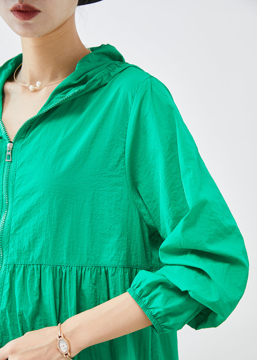 Fine Green Hooded Patchwork Upf 50+ Coat Fall