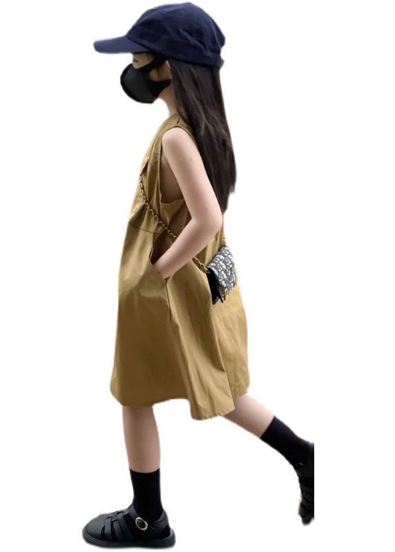 Fine Khaki Patchwork Cotton Kids Maxi Dress Sleeveless