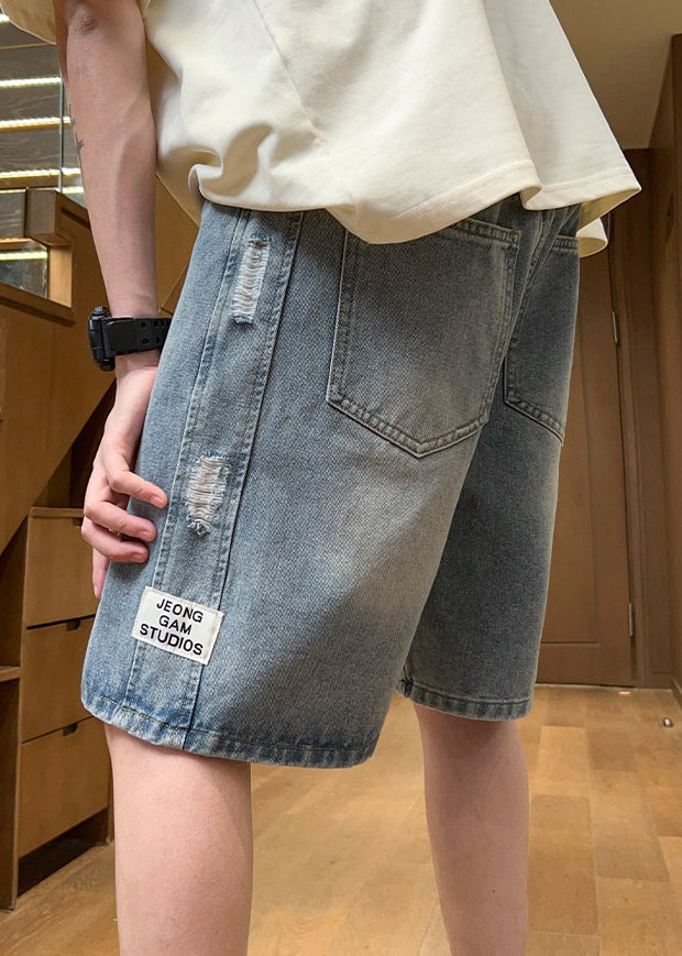 Fine Light Blue Hole Lace Up Elastic Waist Denim Shorts Summer