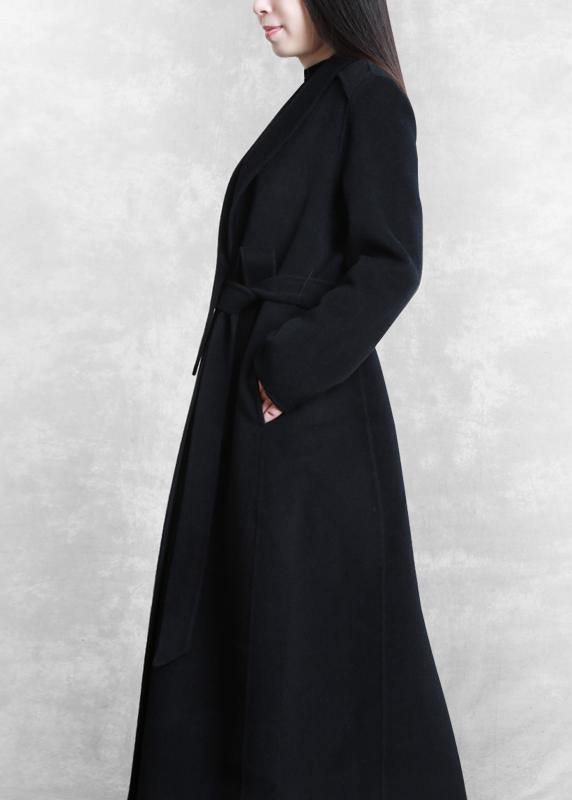 Fine Loose Fitting Maxi Coat Woolen Outwear Black Tie Waist Pockets Overcoat