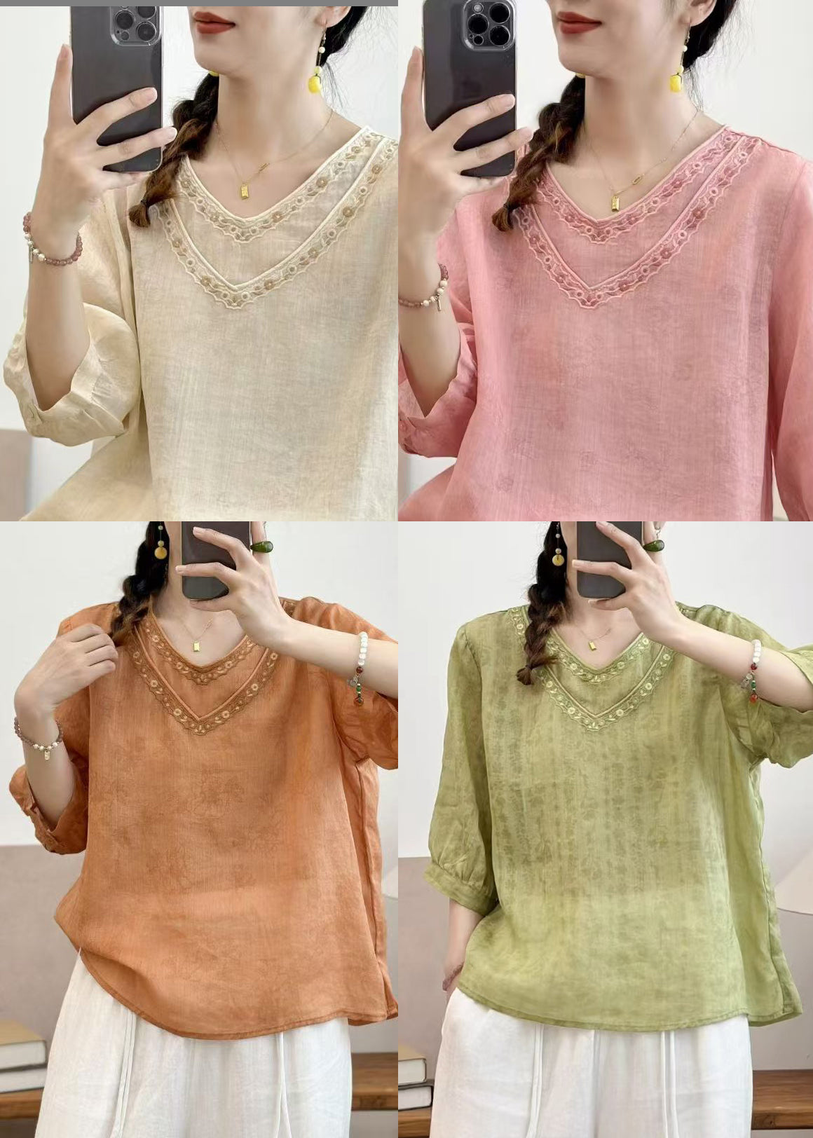 Fine Pink Double-layer Embroidered Linen Tops Summer