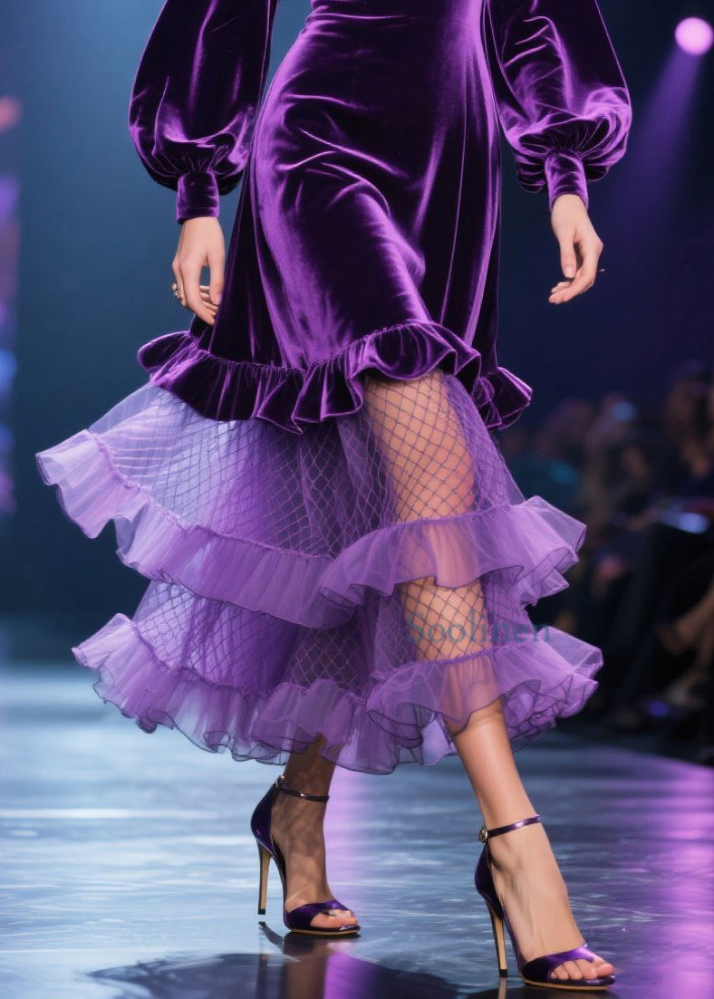 Fine Purple Tulle Ruffled Patchwork Velvet Long Dress Spring