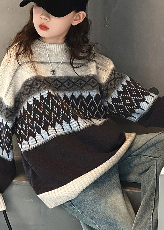 Fine Striped Plaid Patchwork Cotton Knit Sweater Spring