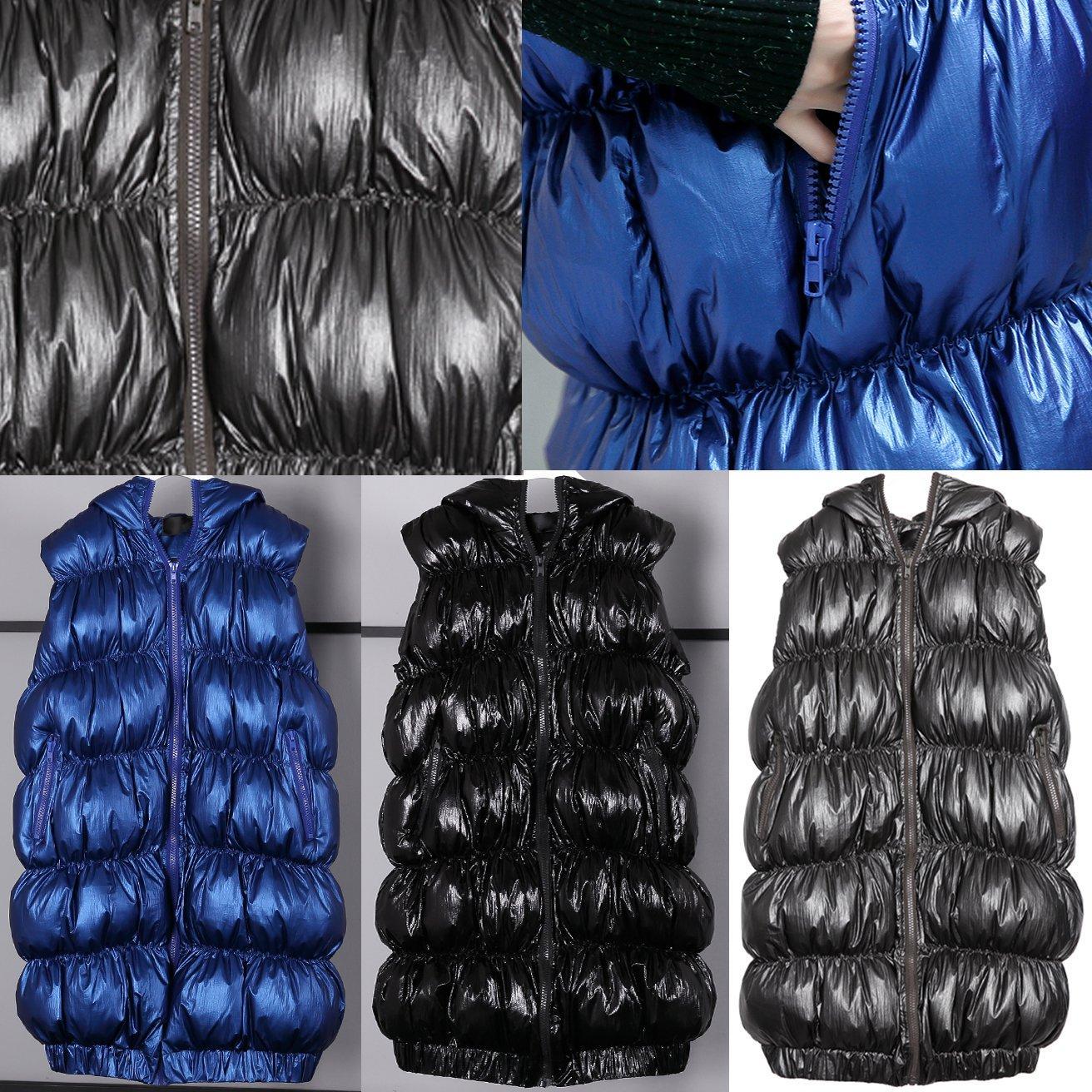 Fine Black Down Jacket Hooded Zippered Puffers Jackets Warm Sleeveless Tunic