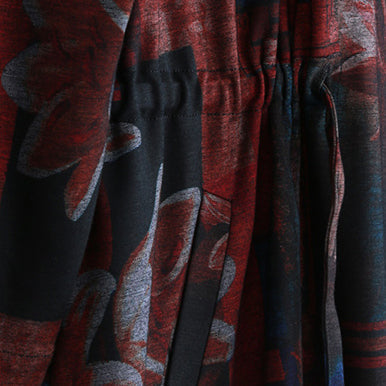 Fine Burgundy Print Coats Oversized O Neck Tie Waist Outwear Long Sleeve Pockets Coats Dresses