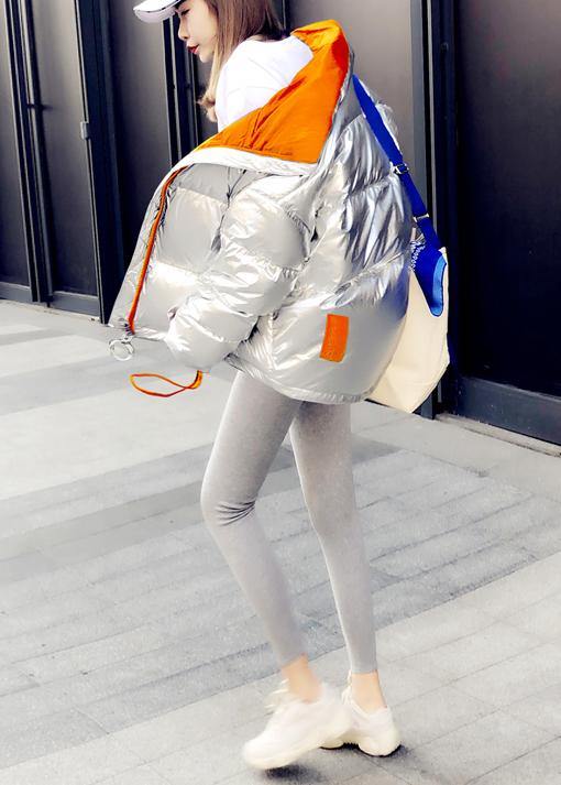 Fine Parka Winter Outwear Silver Patchwork Stand Collar Zippered Goose Down Coat