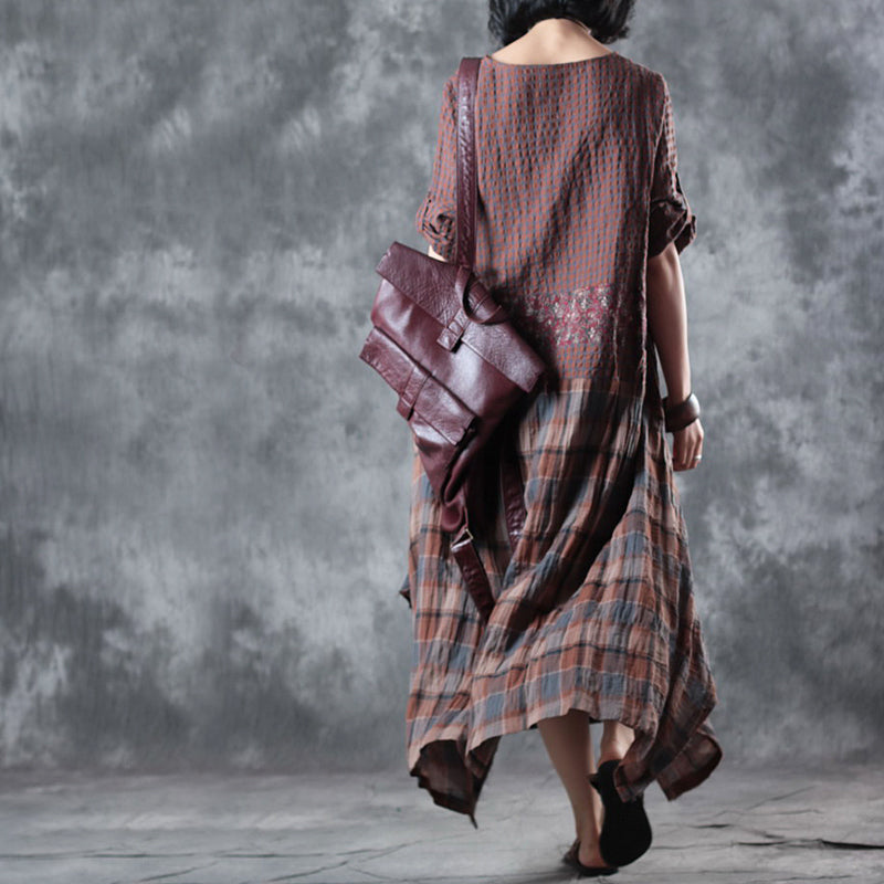 Fine Chocolate Linen Maxi Dress Oversize O Neck Plaid Grid Patchwork Linen Gown Half Sleeve Pockets Caftans