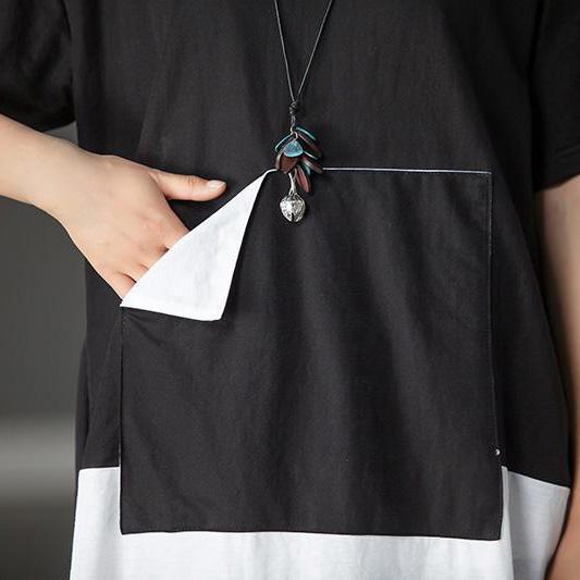 Fine Cotton Blended Tops Oversized Black Summer High-low Hem Short Sleeve Shirts