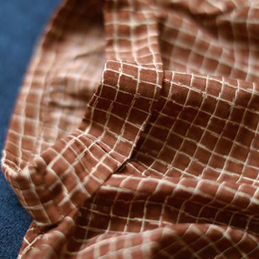 Fine Pure Cotton Blouse Loose Plaid Short Sleeve Lacing Summer Pleated Blouse