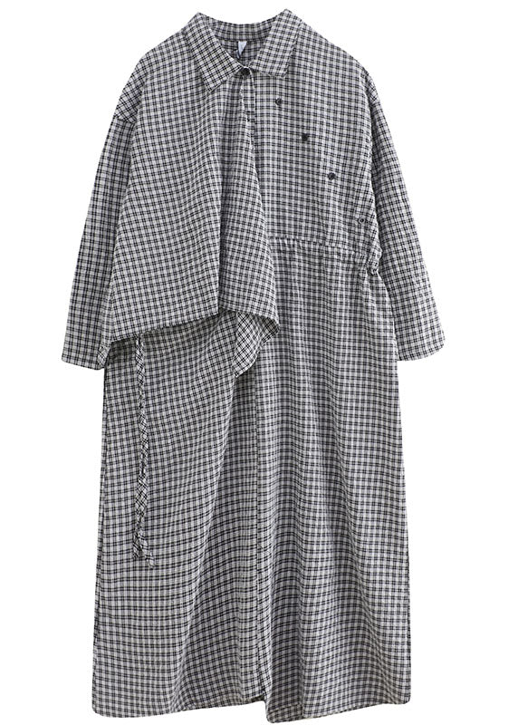 Fitted Black Plaidpeter Pan Collarbuttonasymmetrical Design Fall Holiday Dress Long Sleeve