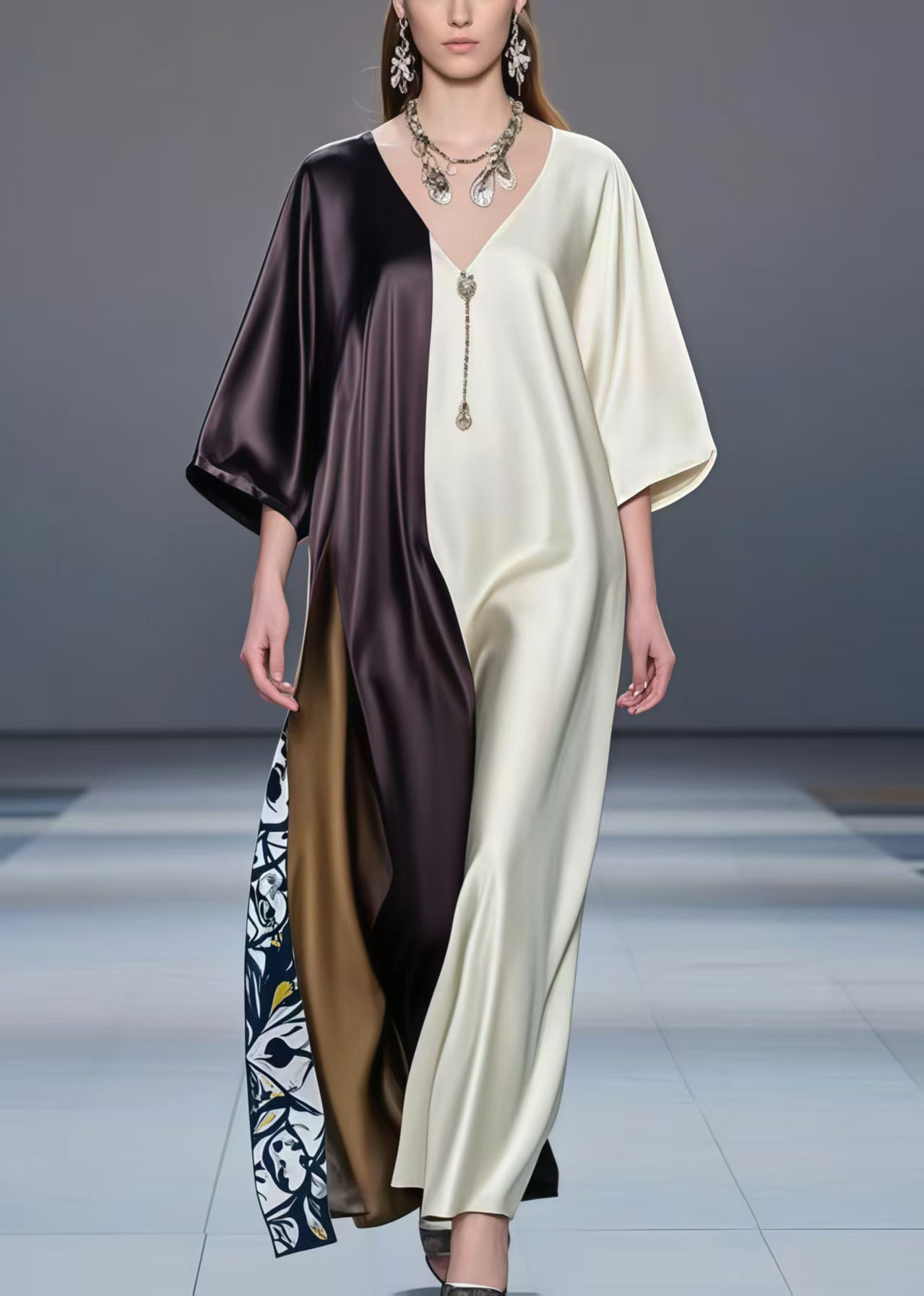 Fitted Colorblock Oversized Patchwork Silk Dresses Half Sleeve