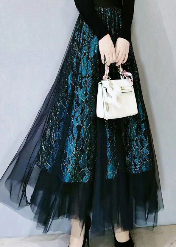 Fitted Green Lace Tulle High Waist Hollow Out Lace a Line Skirts