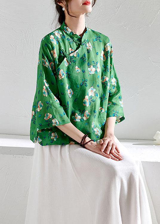 Fitted Green Oriental Print Button Summer Ramie Top