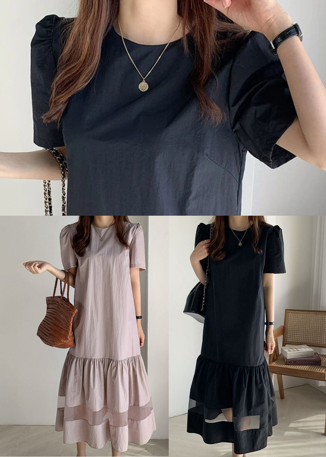 Fitted Light Purple O-neck Patchwork Wrinkled Cotton Long Dresses Summer