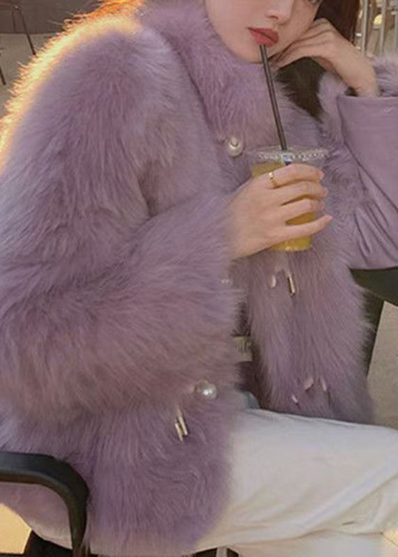Fitted Purple Stand Collar Button Leather and Fur Coats Spring