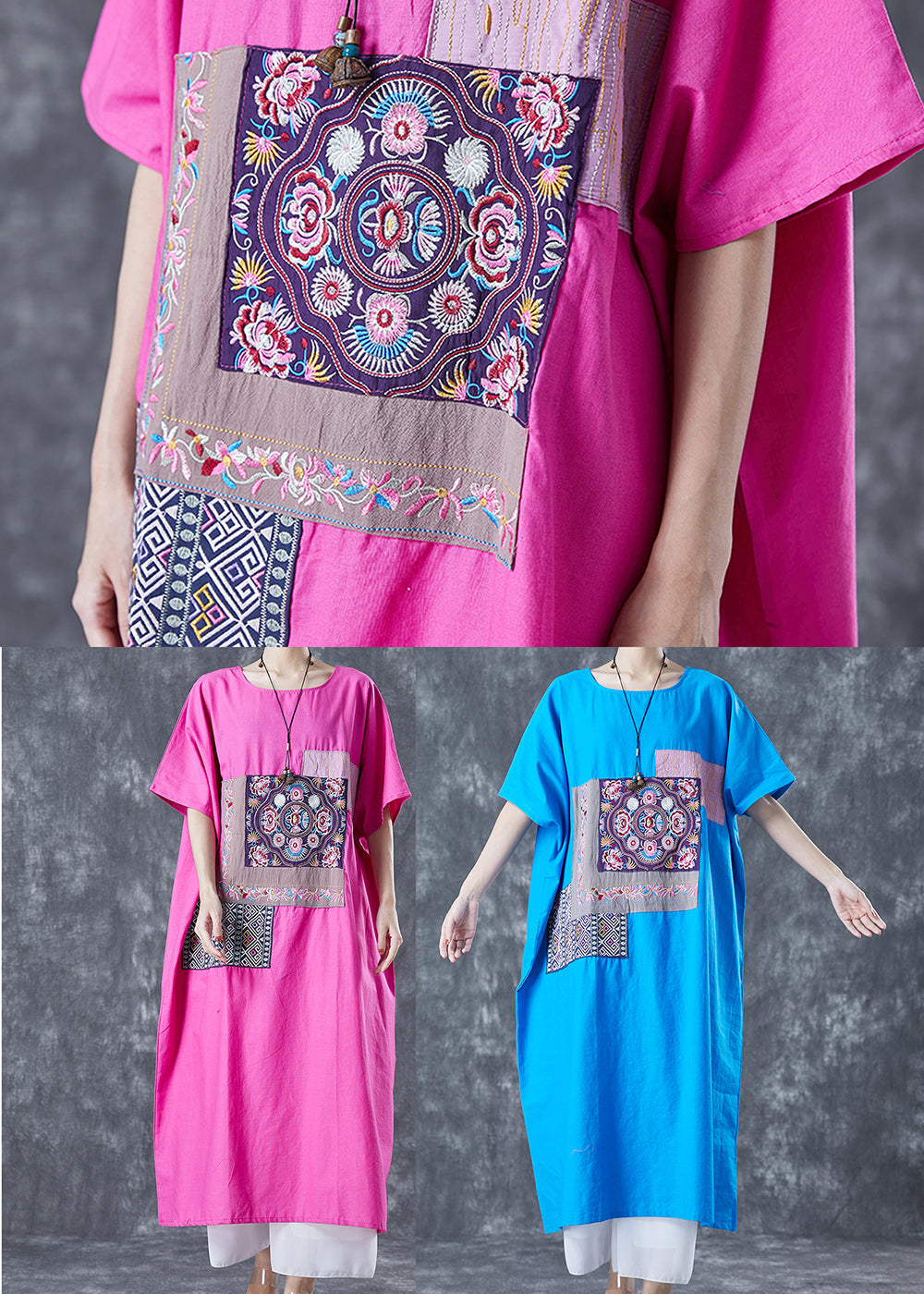 Fitted Rose Embroideried Oversized Cotton Maxi Dresses Summer