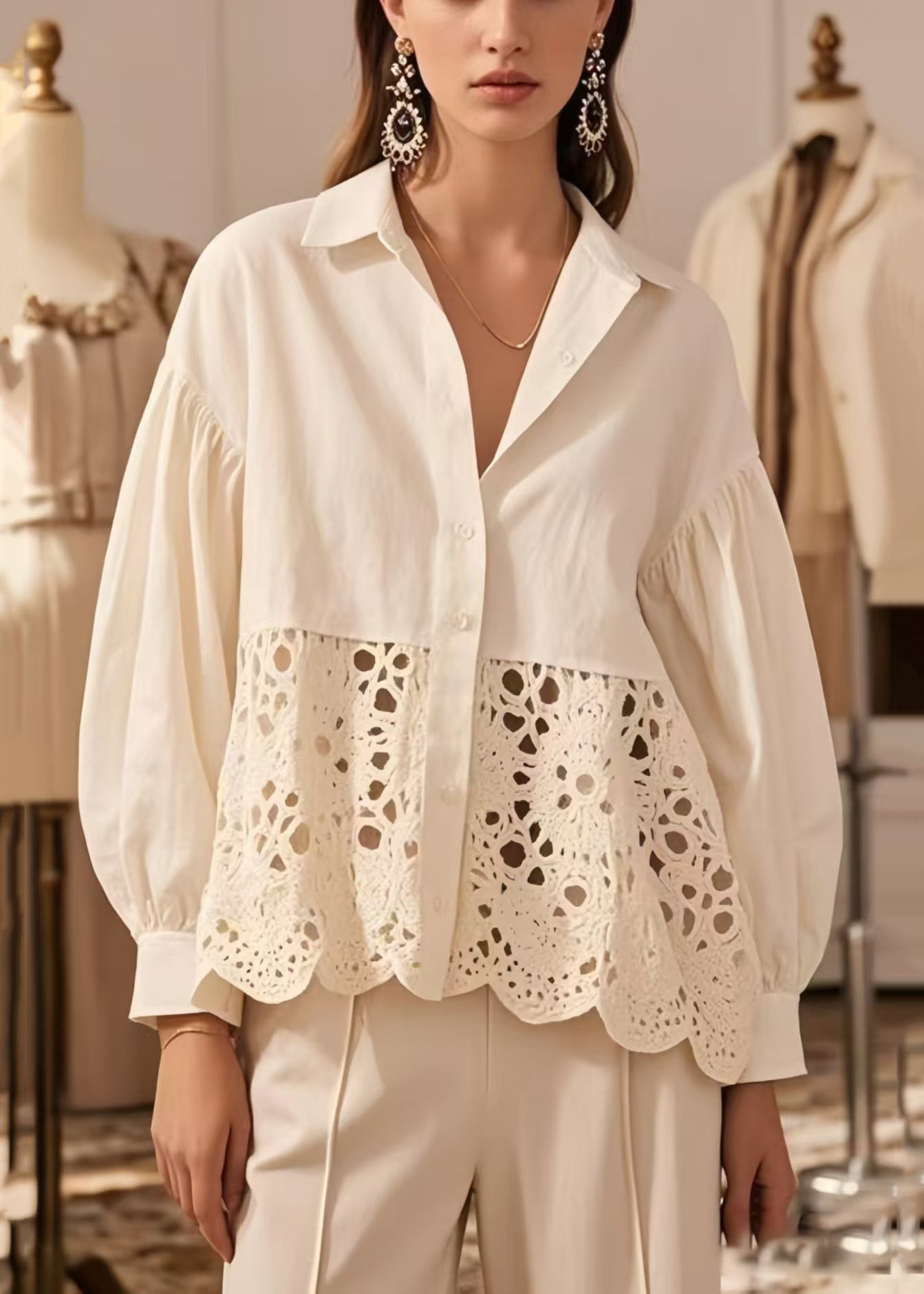 Fitted White Hollow Out Patchwork Cotton Shirts Spring