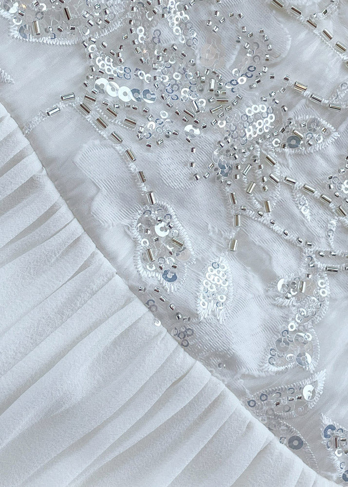 Fitted White O-neck Embroideried Sequined Silk Maxi Dress Long Sleeve