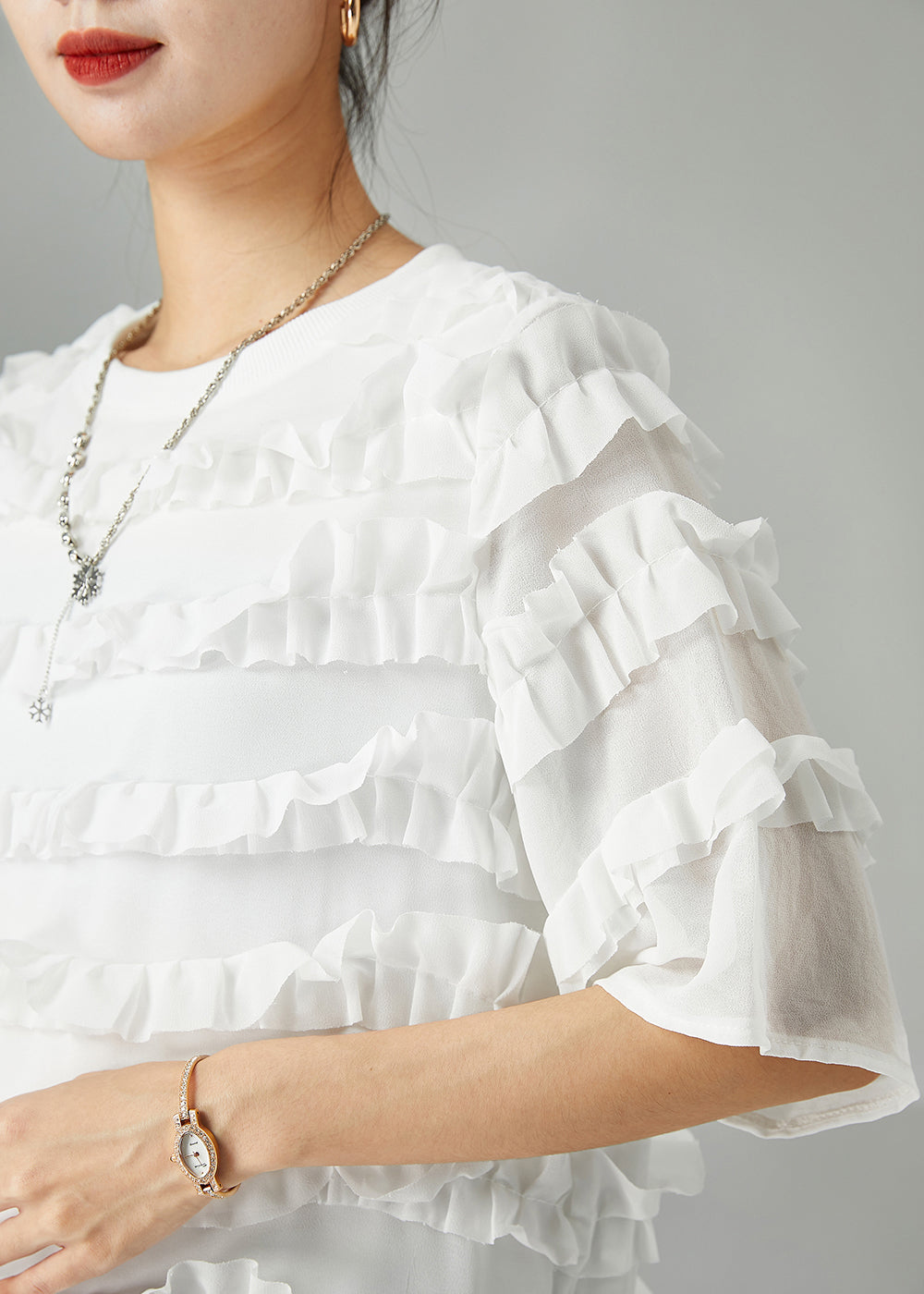 Fitted White O-neck Patchwork Ruffled Chiffon Dress Summer