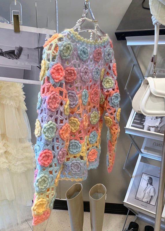 Handmade Rainbow V Neck Hollow Out Knit Cardigan Spring