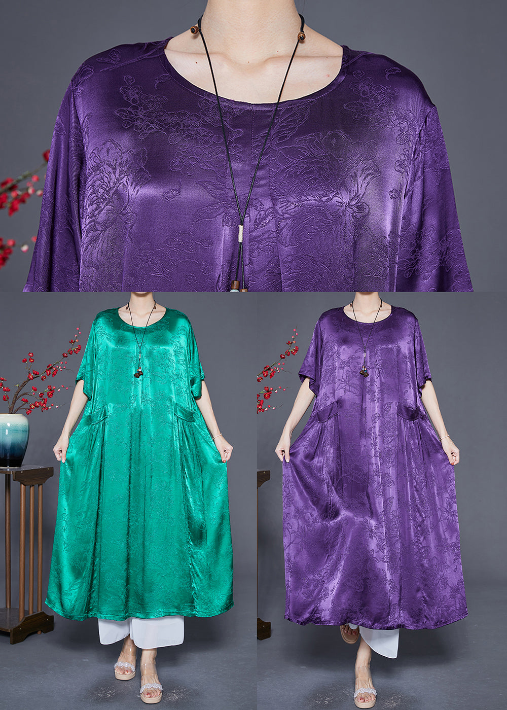 Fluorescent Green Silk Maxi Dresses O-neck Pockets Summer