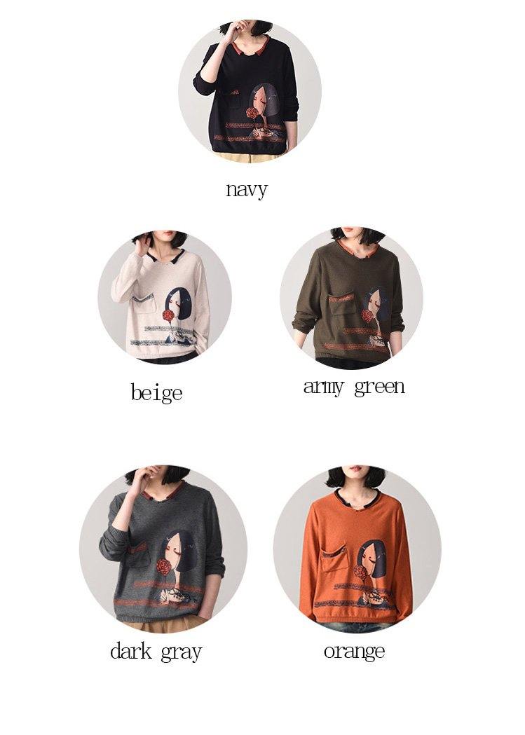 For Work Cartoon Print Knitted Pullover Beige Knitted Sweater Fall Wild