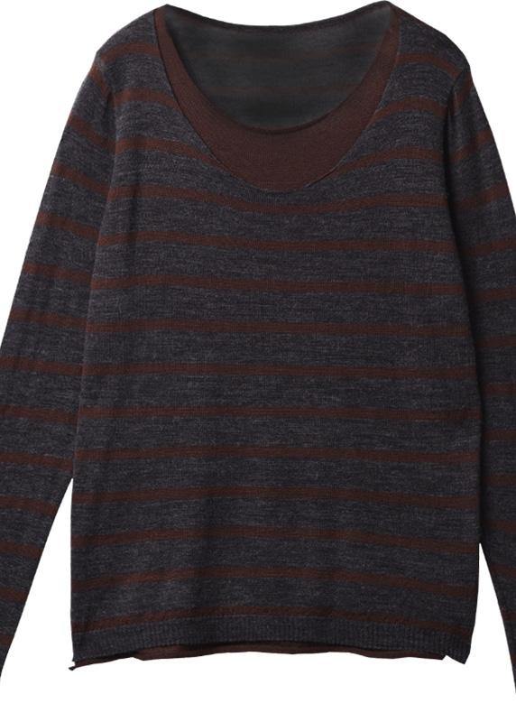 For Fall Striped Knitted T Shirt False Two Piecesknit Sweat Tops O Neck