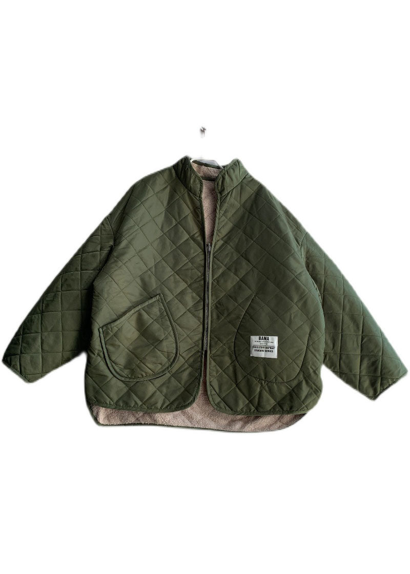 French Army Green Zip Up Wear on Both Sides Fleece Wool Lined Jackets Winter