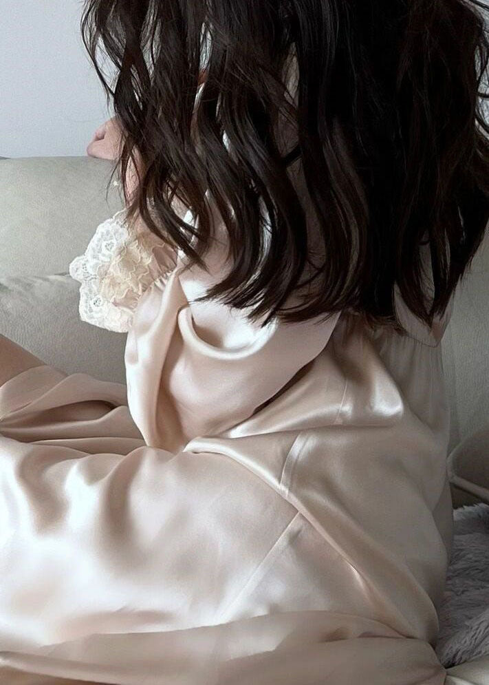 French Beige V Neck Lace Patchwork Ice Silk Dress Spring