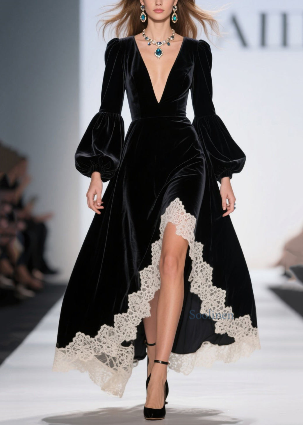 French Black Asymmetrical Lace Patchwork Velvet Dresses Spring