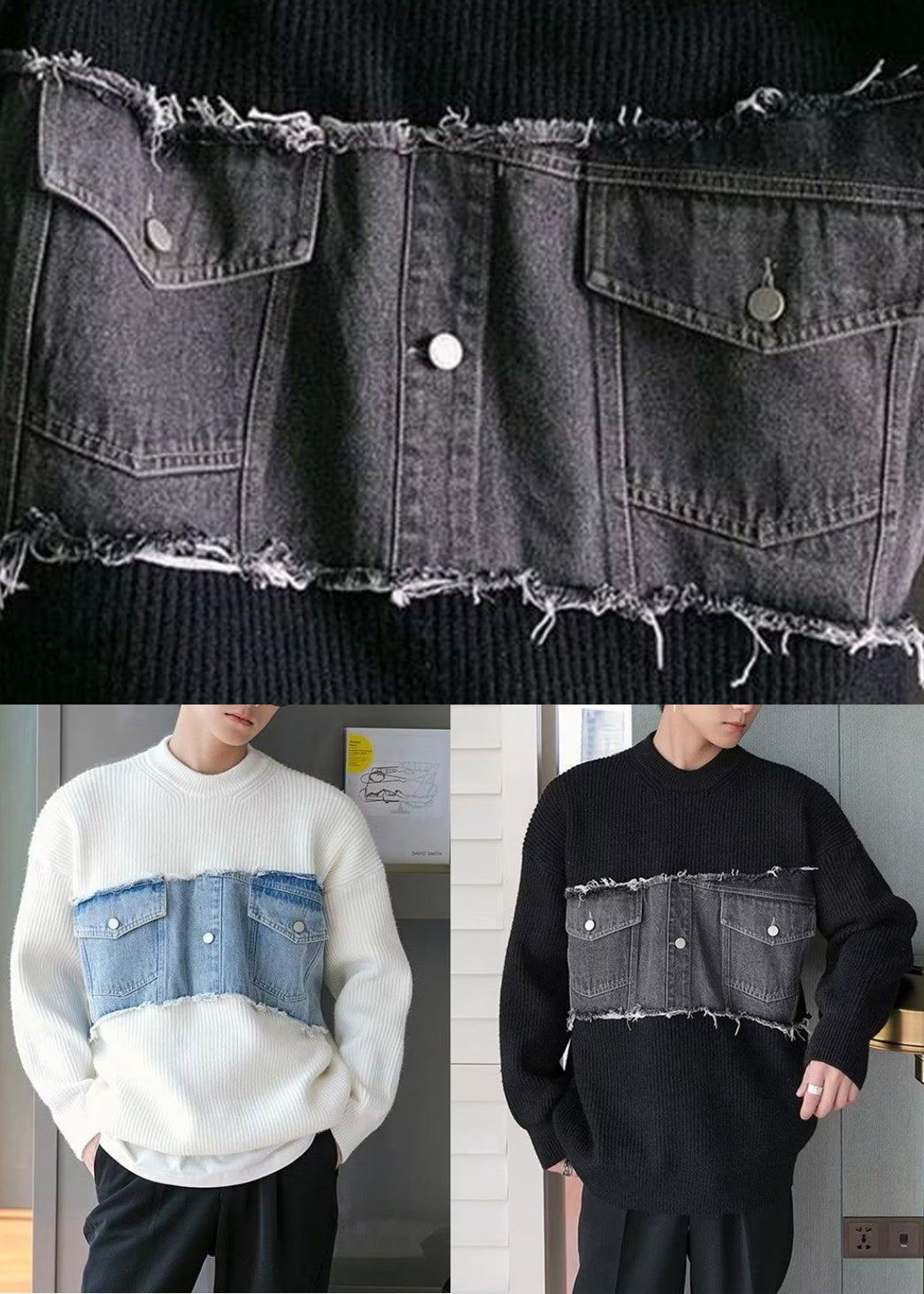 French Black O Neck Denim Patchwork Knit Sweater Fall