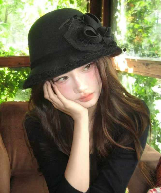 French Black Tulle Woolen Warm Bucket Hat