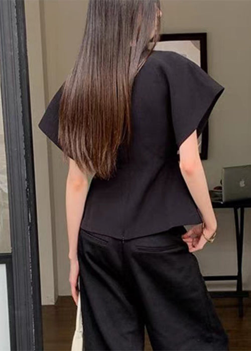 French Black V Neck Spandex Shirt Summer