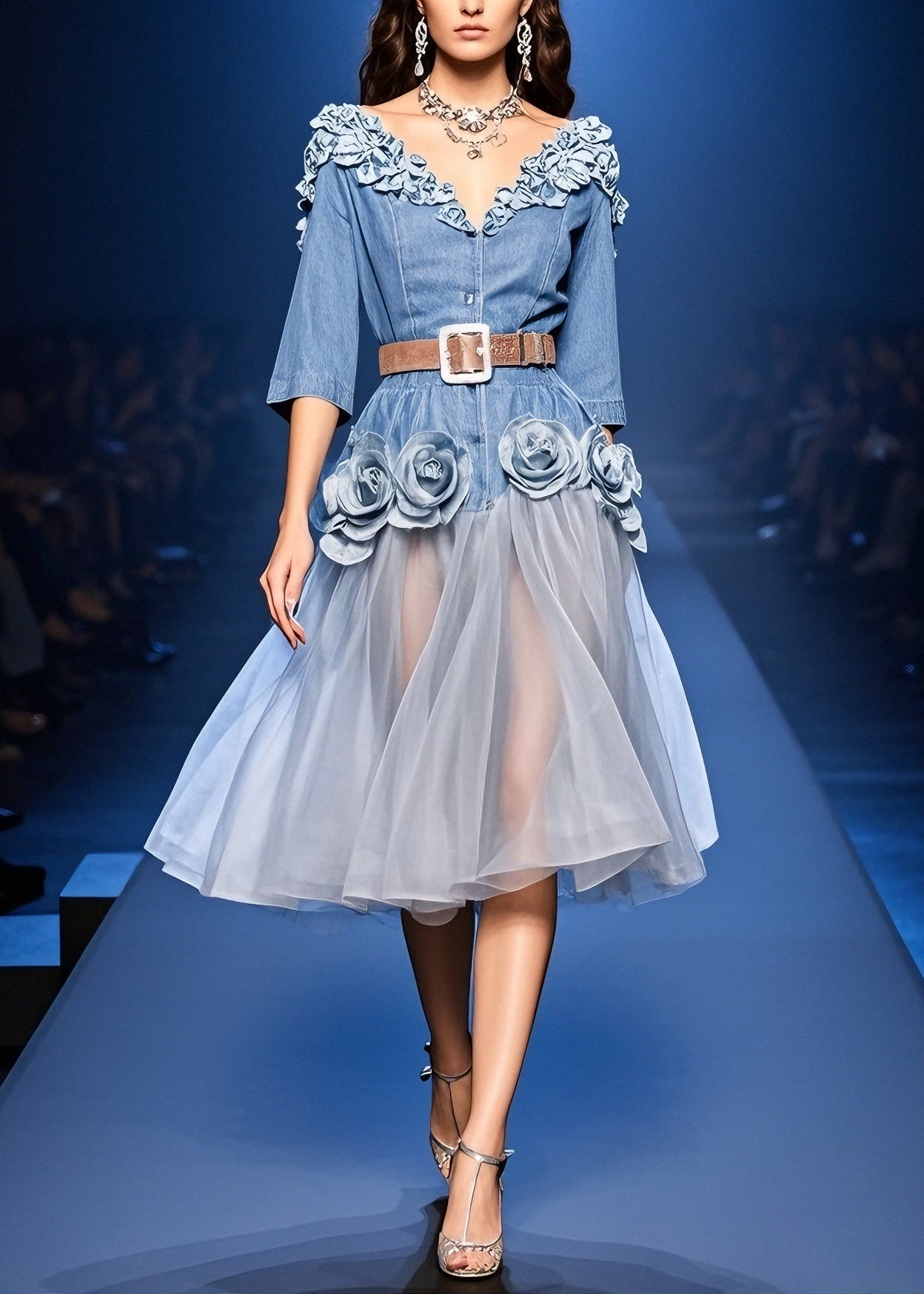 French Blue Tulle Patchwork Denim Dress Summer