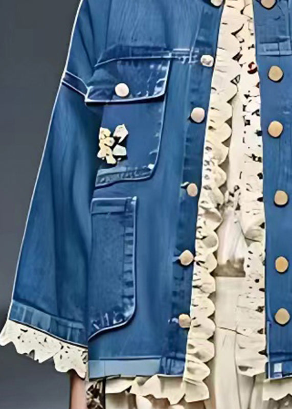 French Blue O-neck Patchwork Hollow Out Coats Fall