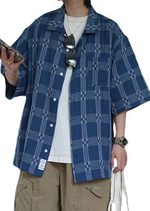 French Blue Plaid Button Cotton Shirts Summer