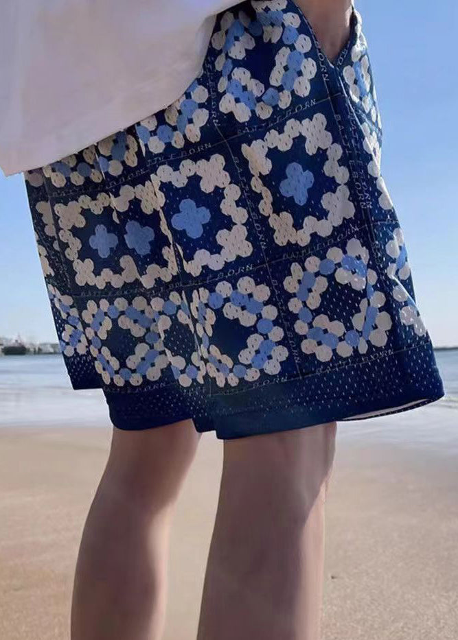 French Blue Pockets Elastic Waist Cotton Shorts Summer