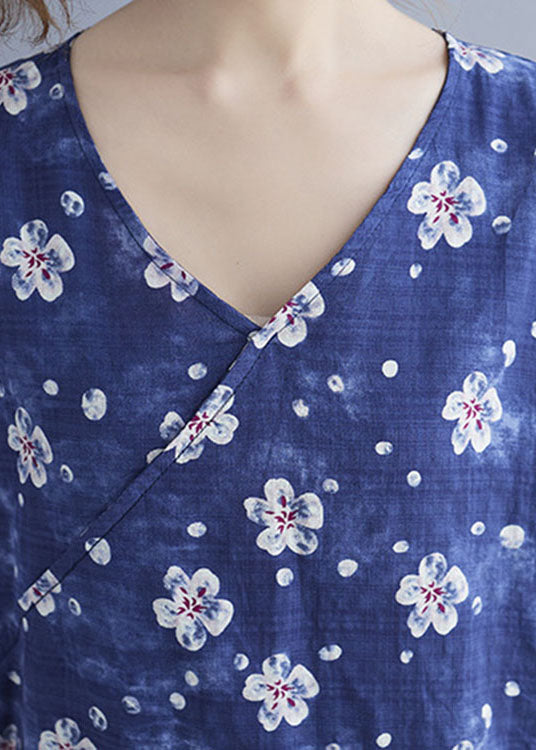 French Red Flowers V Neck Print Asymmetrical Design Fall Half Sleeve Shirt Top