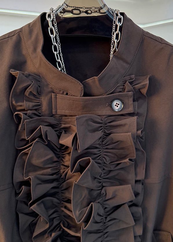 French Brown Ruffled Pockets Cotton Jackets Spring