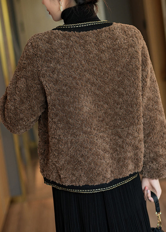 French Chocolate O-neck Patchwork Button Faux Fur Coats Winter