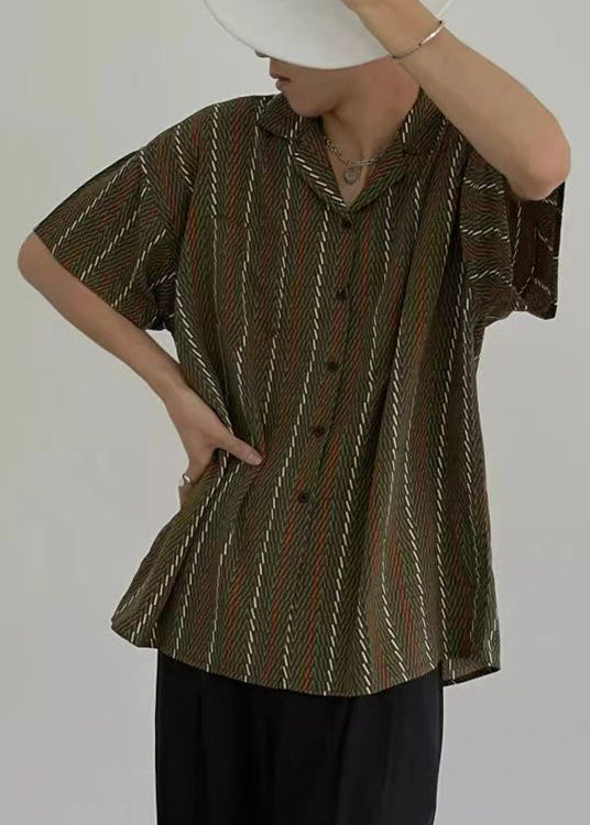 French Green Peter Pan Collar Button Cotton Shirts Short Sleeve