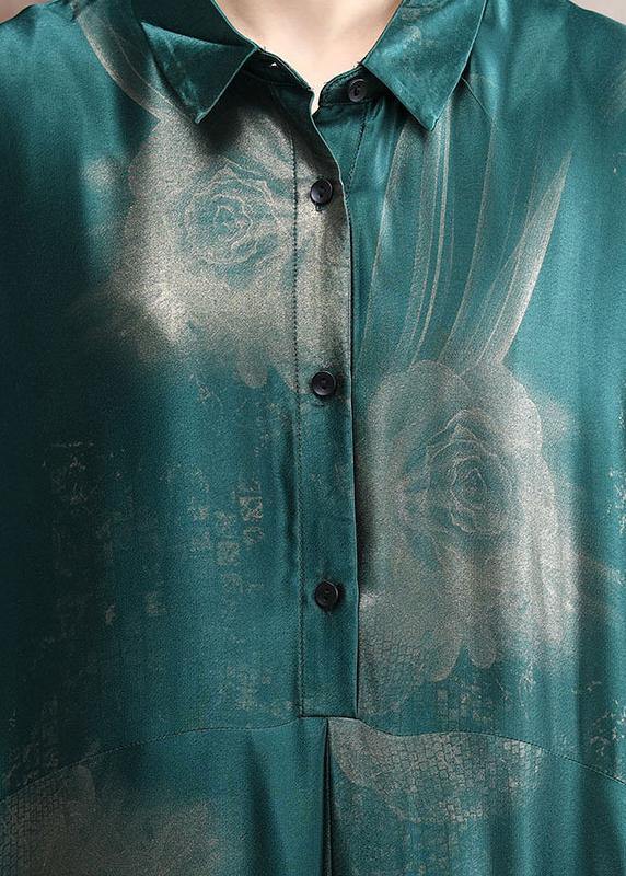 French Green Print Chiffon Dress Long Asymmetric Art Dress