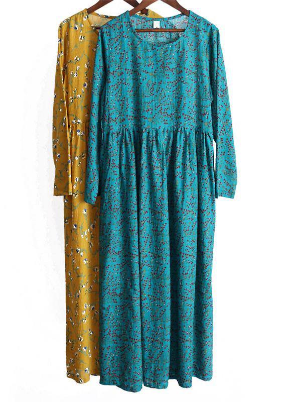 French Green Print Tunics O Neck Cinched Dresses Dress